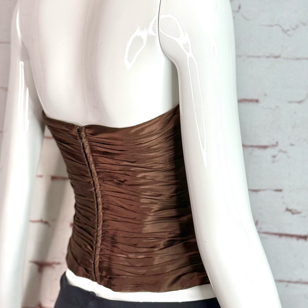 KAY UNGER Brown Ruched 100% Silk Bustier Corset Embellished Ruffle Size 4 - Picture 4 of 16